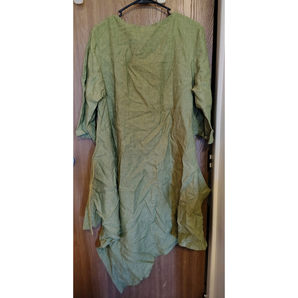 Bryn Walker Green Linen Dress tunic Asymmetrical Hem Lagenlook MidSleeve Loose M - Picture 2 of 11